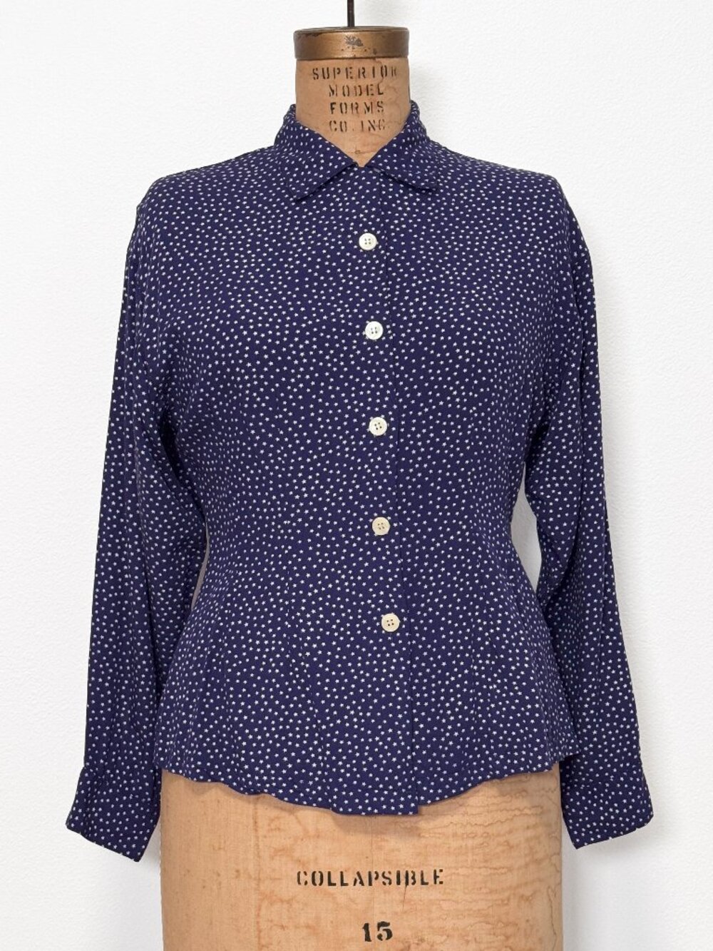 Vintage 90s ESPRIT Navy Blue Star Print Peplum Blouse Size Medium